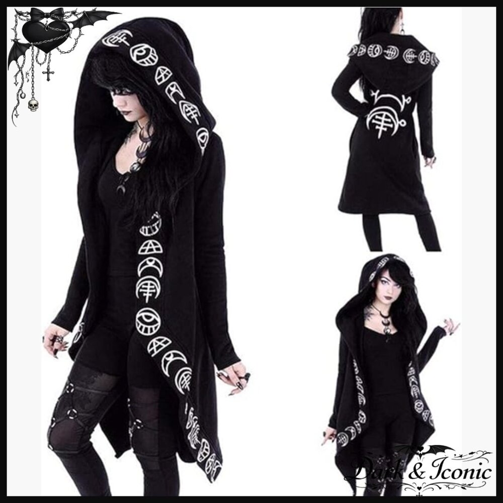 Oversized Long Hoodie with Moon Graphic, Loose Fit, Polyester, Punk Style